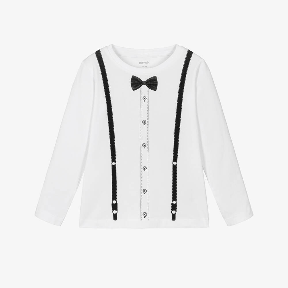 NAME IT-Boys White Cotton Bow Tie & Braces Print Top | Childrensalon Outlet