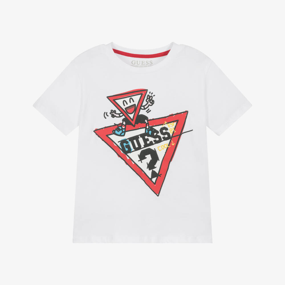 Guess-Boys White Cotton Cartoon Logo T-Shirt | Childrensalon Outlet
