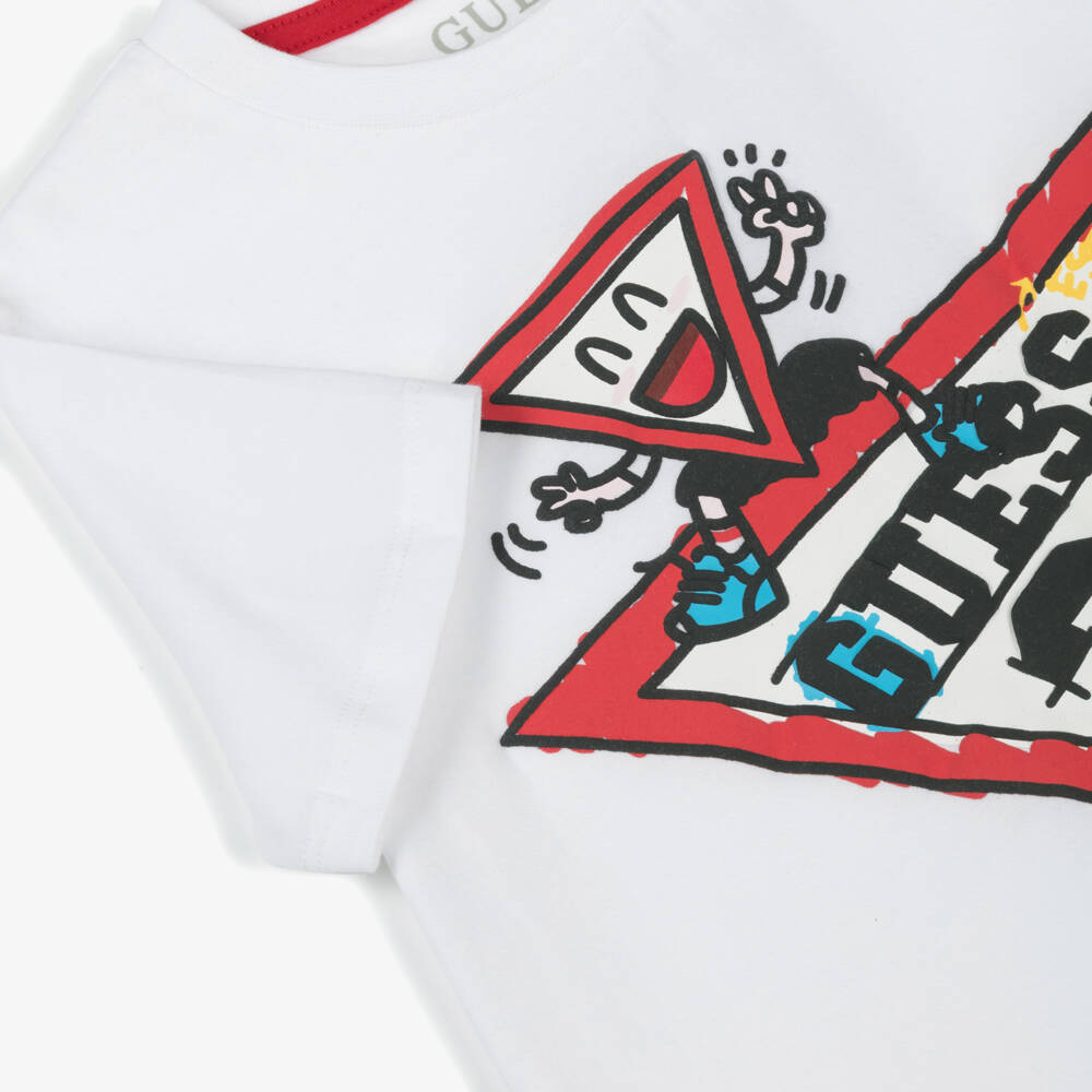 Guess-Boys White Cotton Cartoon Logo T-Shirt | Childrensalon Outlet