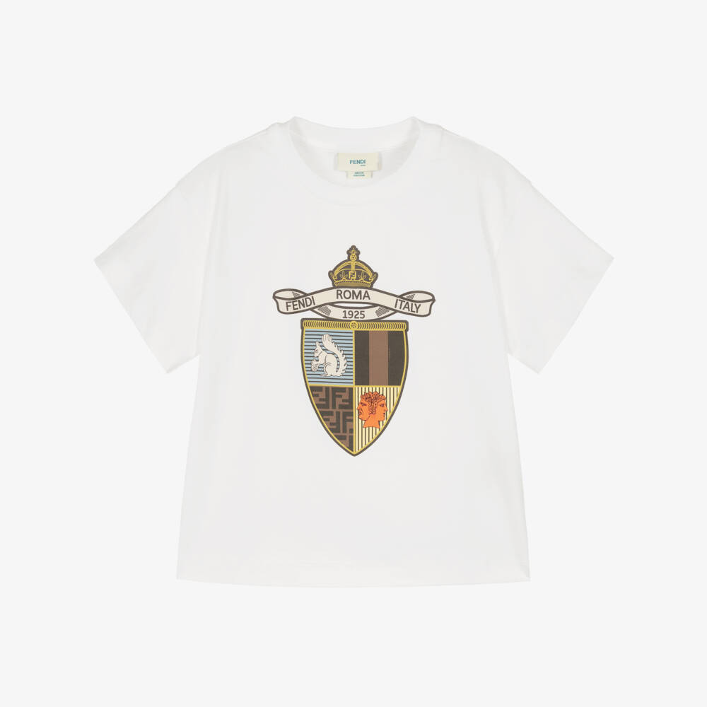 Fendi-Boys White Cotton Crest Logo T-Shirt | Childrensalon Outlet