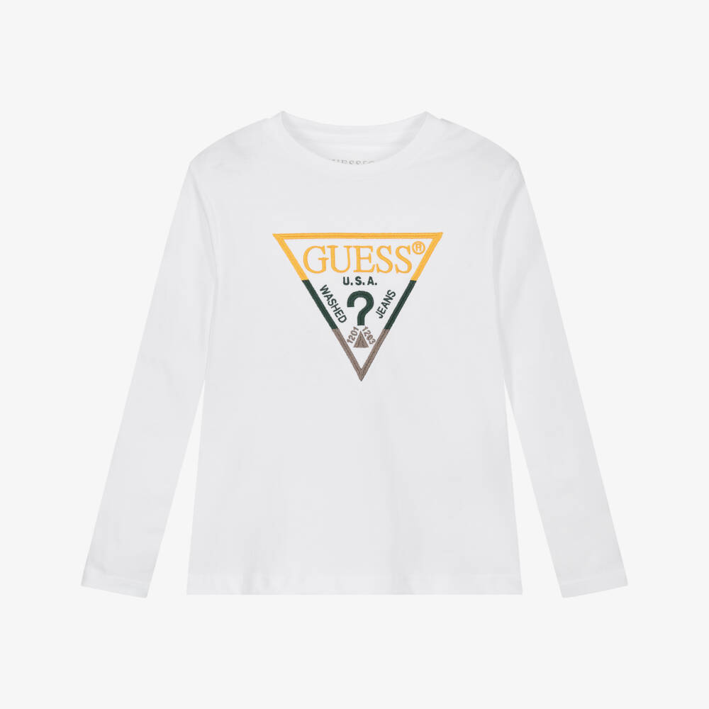 Guess-Boys White Cotton Embroidered Triangle Logo Long-Sleeved Top | Childrensalon Outlet