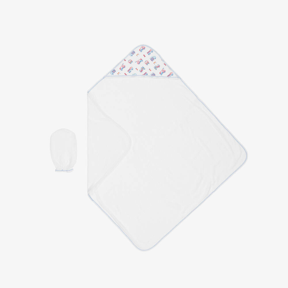 Kissy Kissy-Boys White Cotton Fight The Fire Hooded Towel & Mitt Set | Childrensalon Outlet
