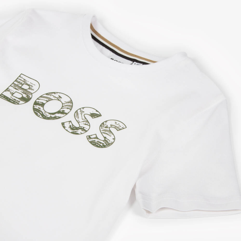 BOSS-Boys White Cotton Graphic Logo T-Shirt | Childrensalon Outlet