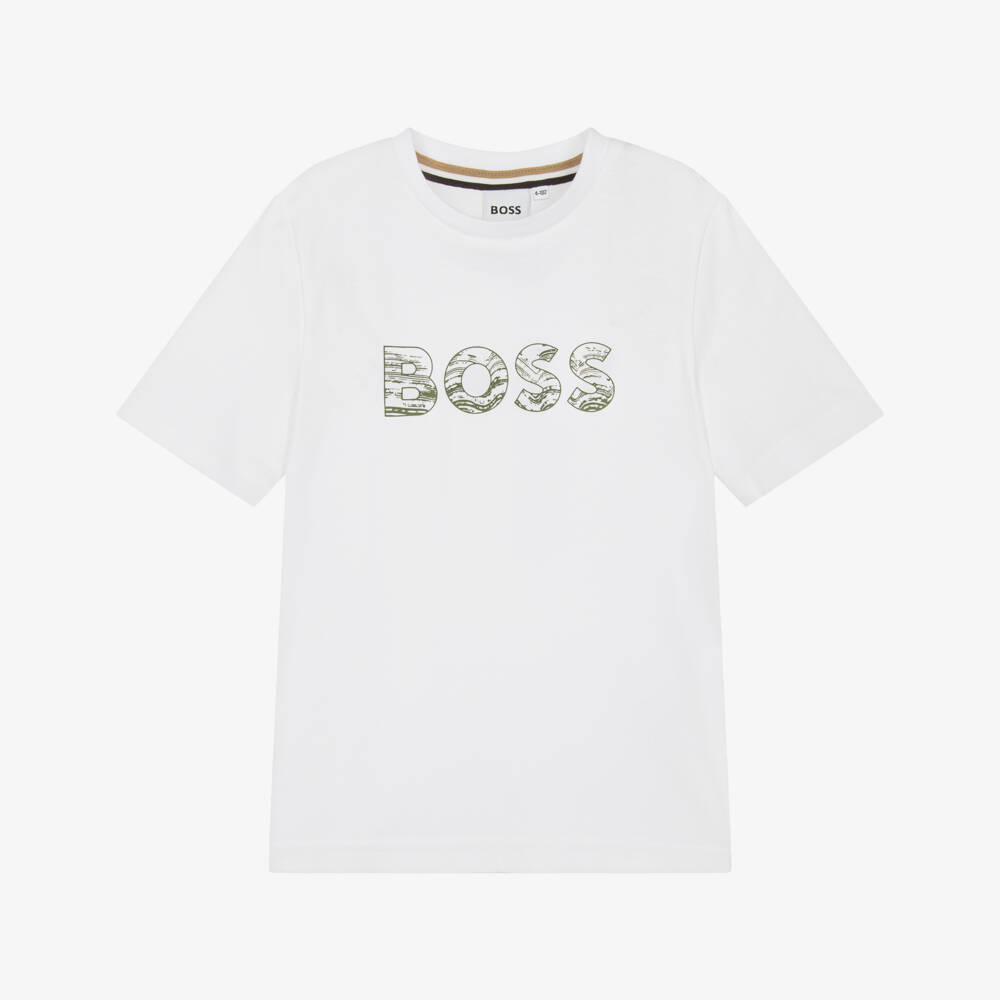 BOSS-Boys White Cotton Graphic Logo T-Shirt | Childrensalon Outlet