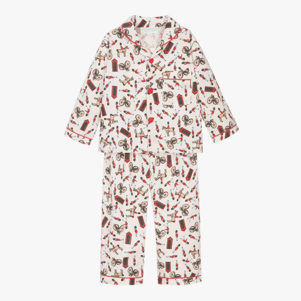 Powell Craft-Boys White Cotton Horse Guard Print Pyjamas | Childrensalon Outlet