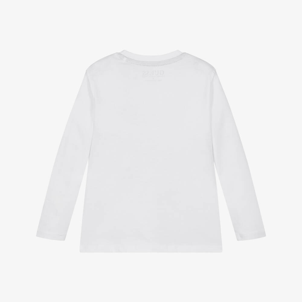 Guess-Boys White Cotton Jersey Long-Sleeve Top with Teddy Bear Logo | Childrensalon Outlet