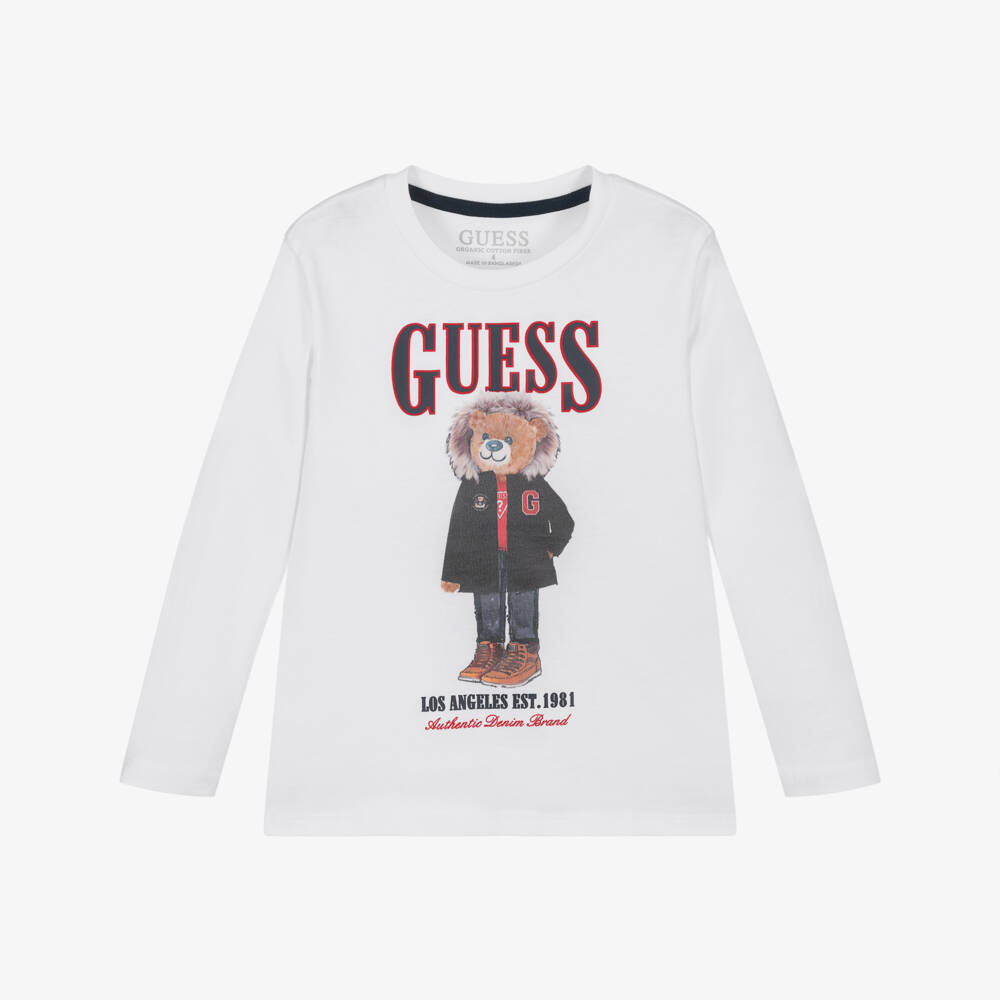 Guess-Boys White Cotton Jersey Long-Sleeve Top with Teddy Bear Logo | Childrensalon Outlet
