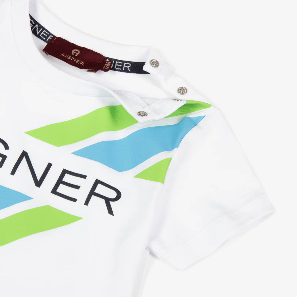 AIGNER-Boys White Cotton Logo T-Shirt with Green & Blue Stripes | Childrensalon Outlet