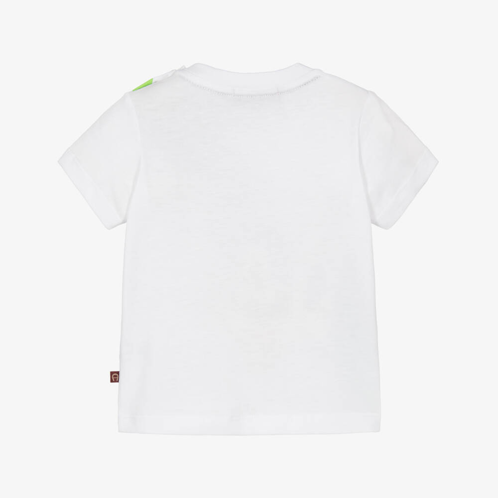AIGNER-Boys White Cotton Logo T-Shirt with Green & Blue Stripes | Childrensalon Outlet