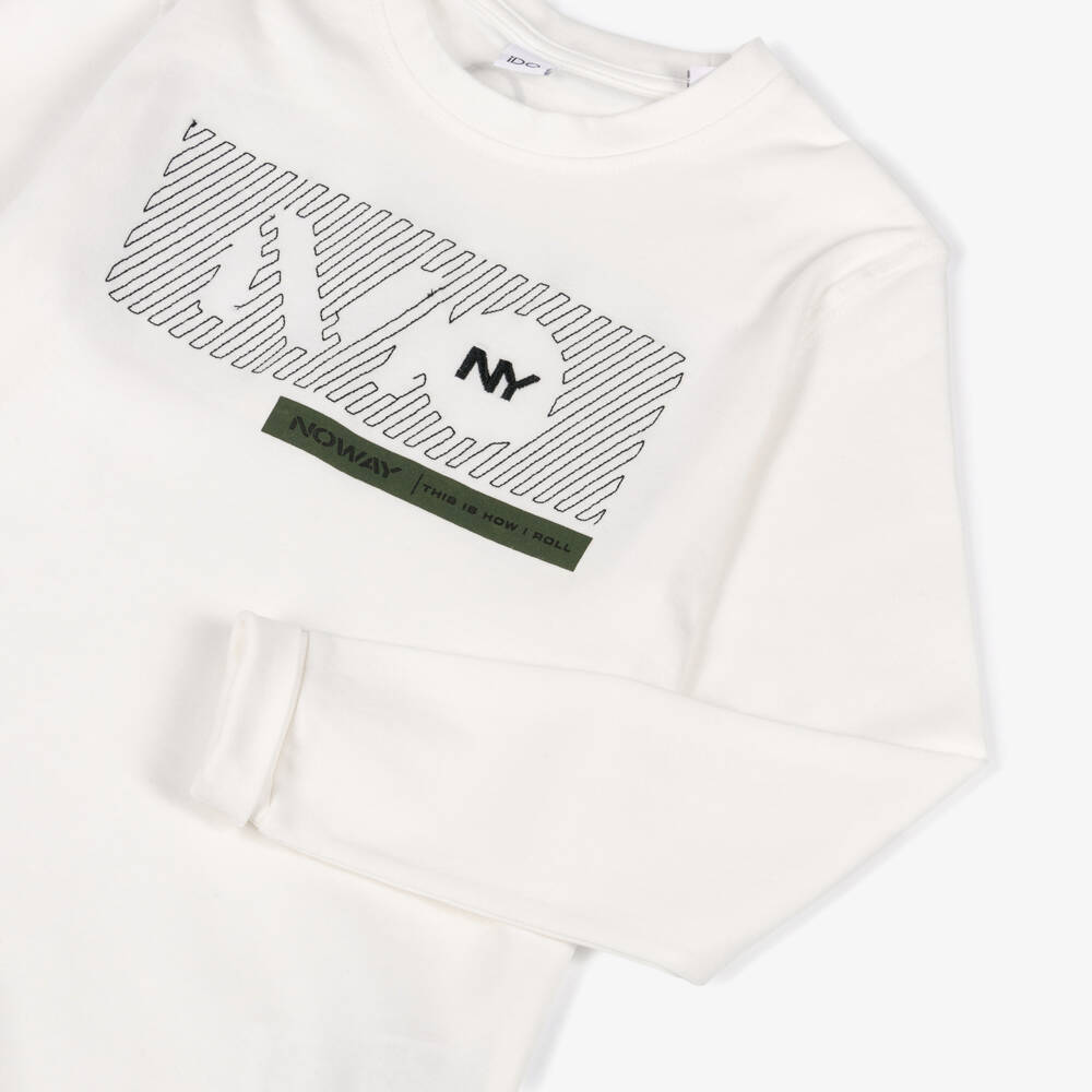 iDO-Boys White Cotton Long Sleeve Top with Graphic Logo | Childrensalon Outlet