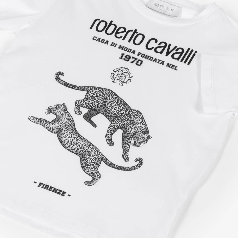Roberto Cavalli-Boys White Cotton Monogram Logo Leopard T-Shirt | Childrensalon Outlet