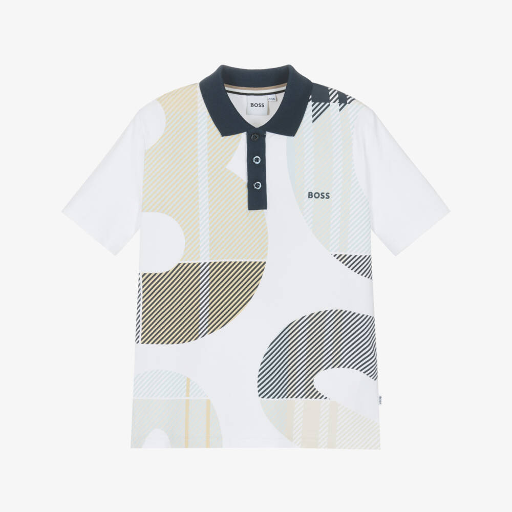 BOSS-Boys White Cotton Piqué Polo Shirt With Abstract Logo | Childrensalon Outlet