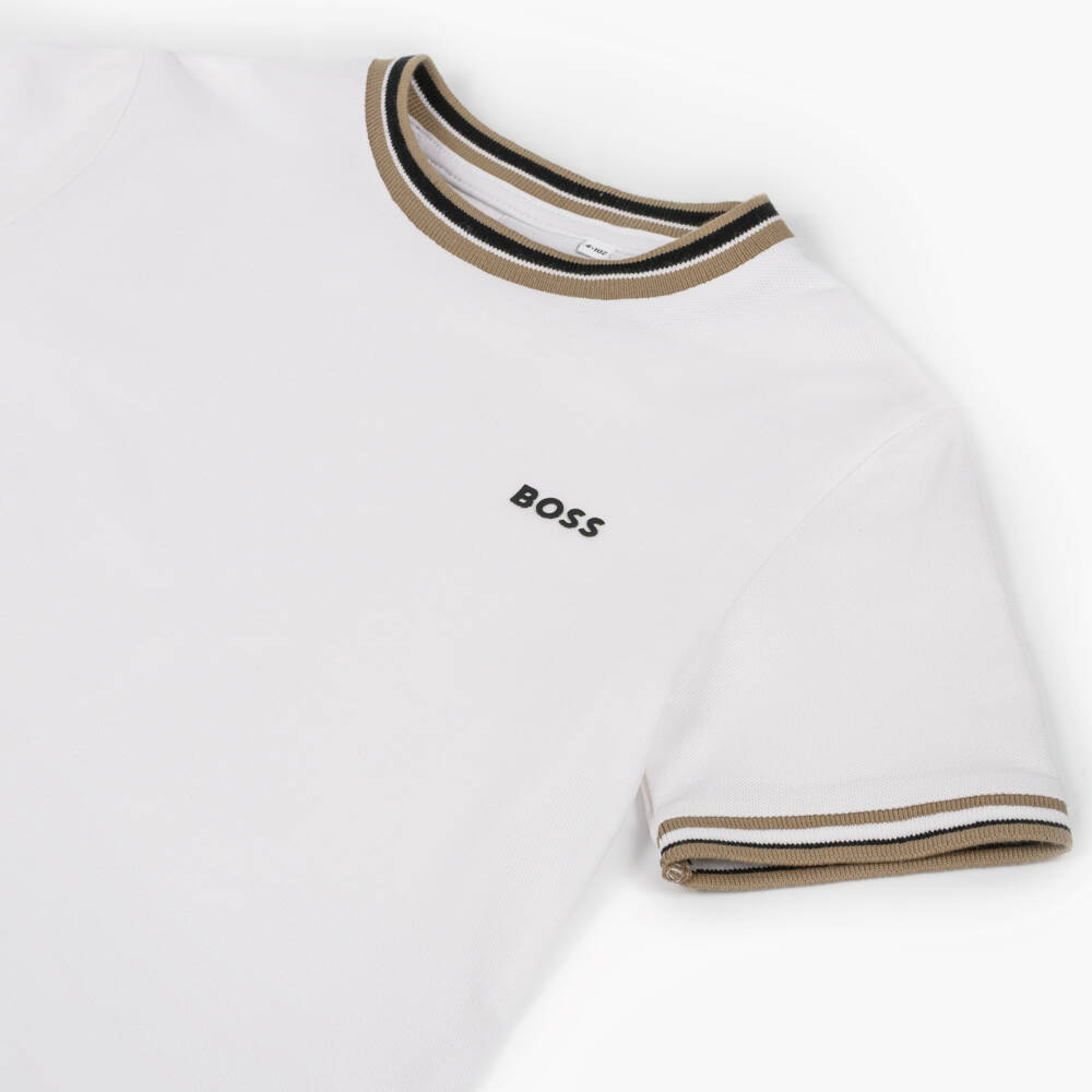 BOSS-Boys White Cotton Piqué T-Shirt with Tricolour Trim | Childrensalon Outlet