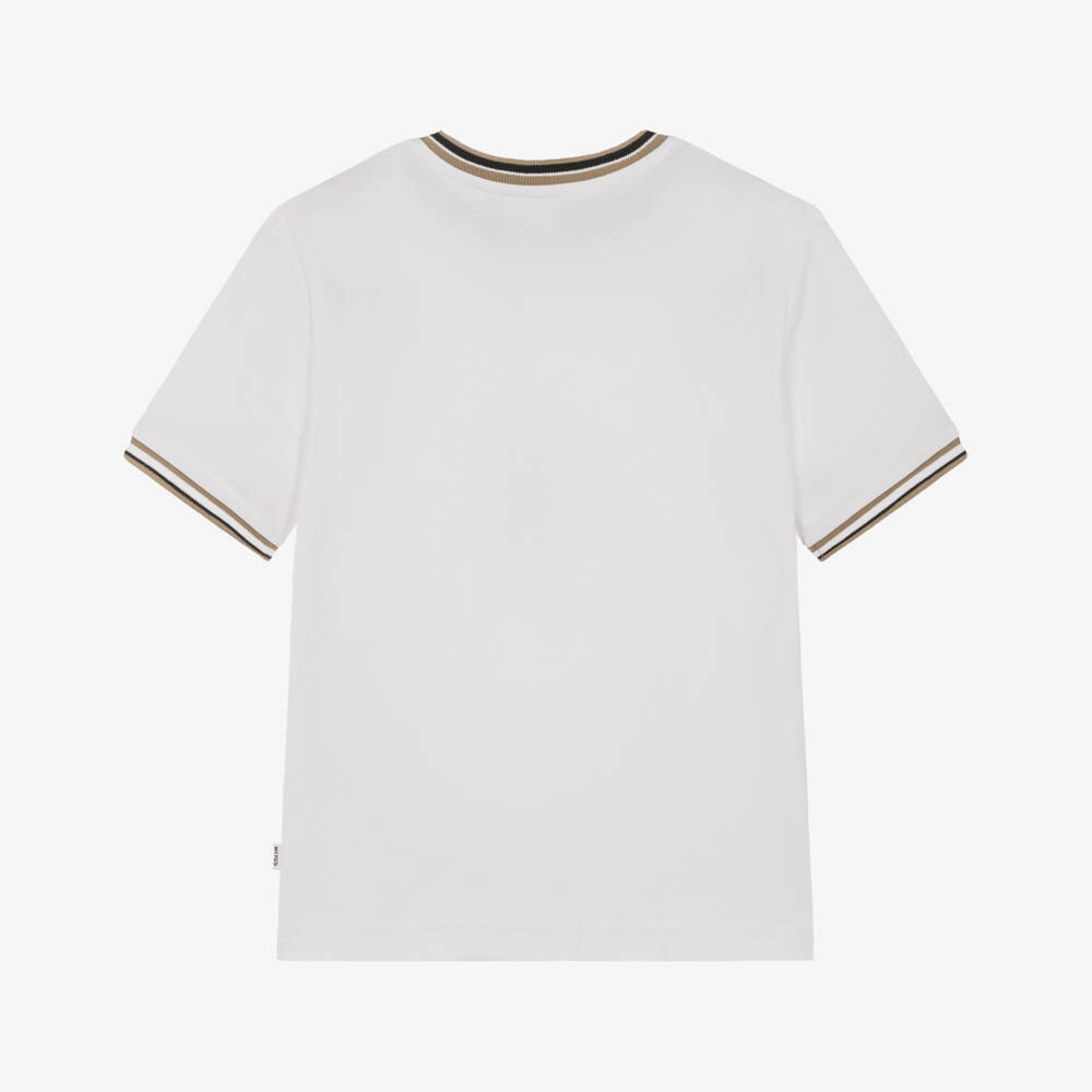 BOSS-Boys White Cotton Piqué T-Shirt with Tricolour Trim | Childrensalon Outlet