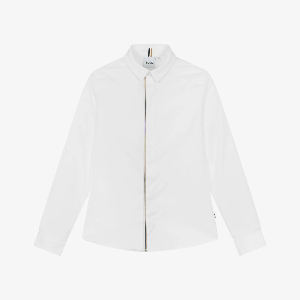 BOSS-Boys White Cotton Poplin Striped Trim Shirt | Childrensalon Outlet