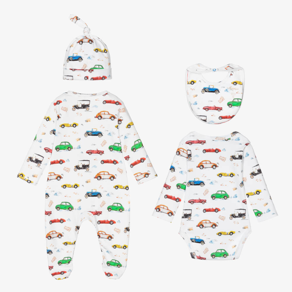 My Little Pie-Boys White Cotton Retro Car Babygrow Set | Childrensalon Outlet