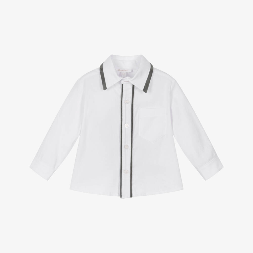 Patachou-Boys White Cotton Shirt with Grey Velvet Trims | Childrensalon Outlet