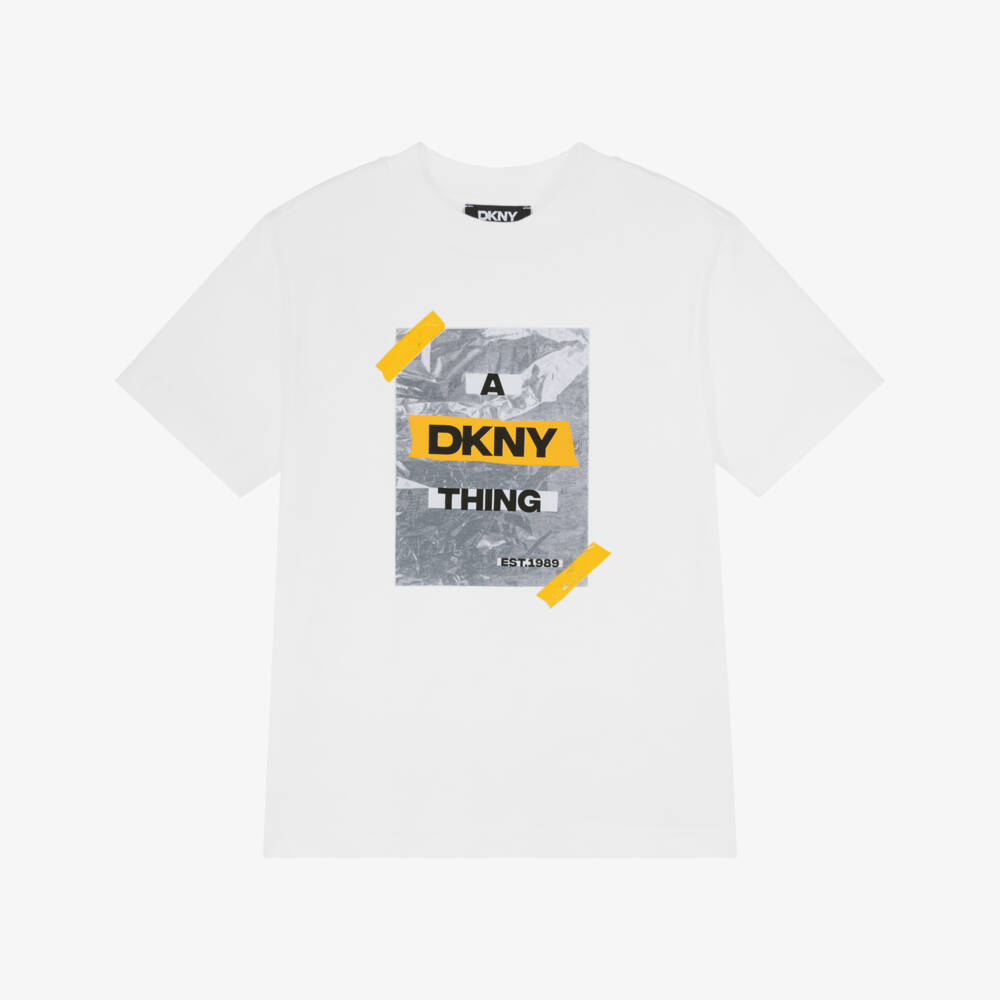 DKNY-Boys White Cotton Sticky Tape Logo T-Shirt | Childrensalon Outlet