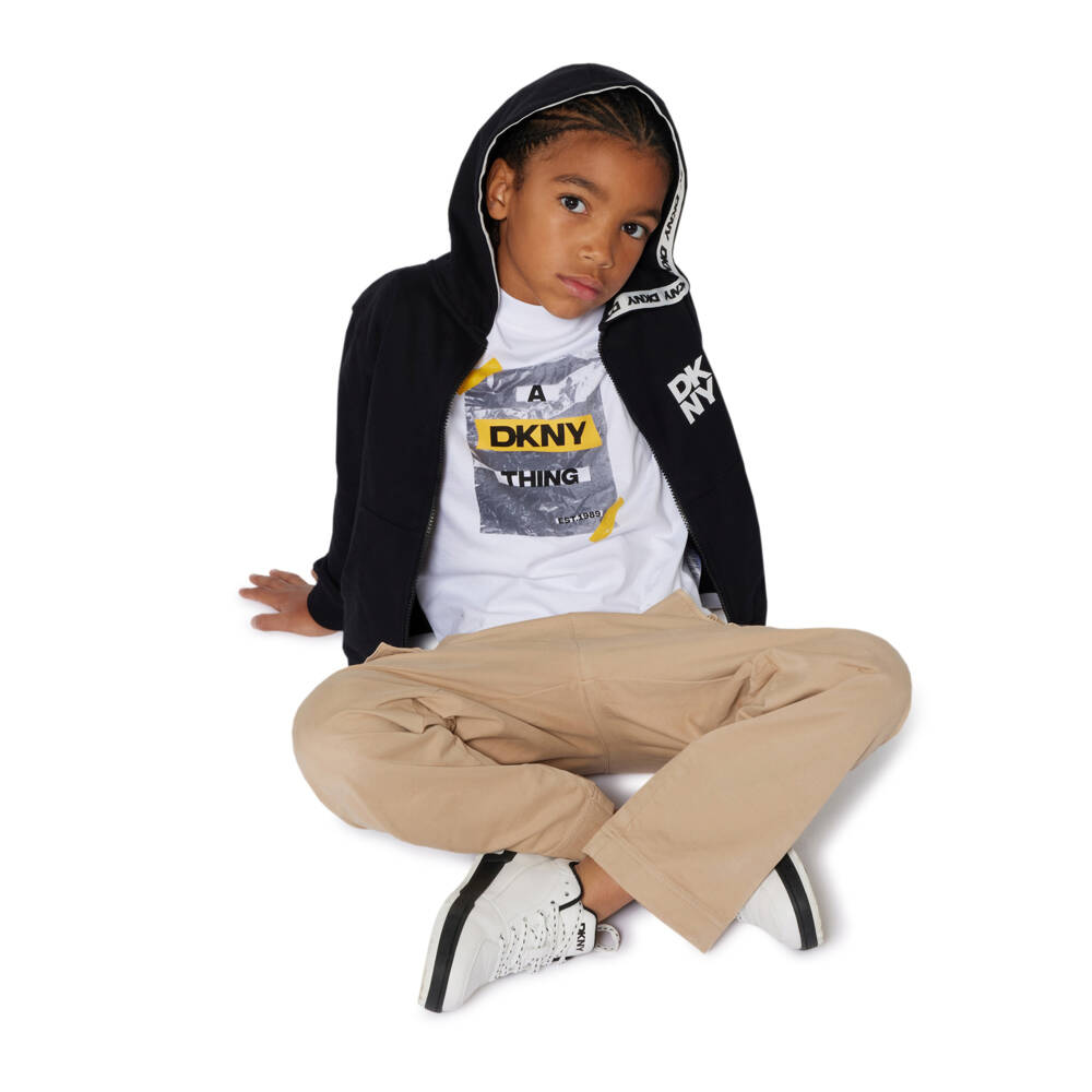 DKNY-Boys White Cotton Sticky Tape Logo T-Shirt | Childrensalon Outlet