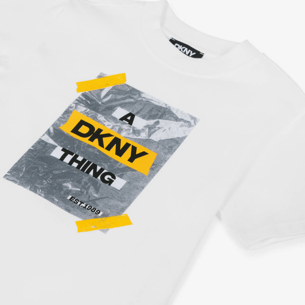 DKNY-Boys White Cotton Sticky Tape Logo T-Shirt | Childrensalon Outlet