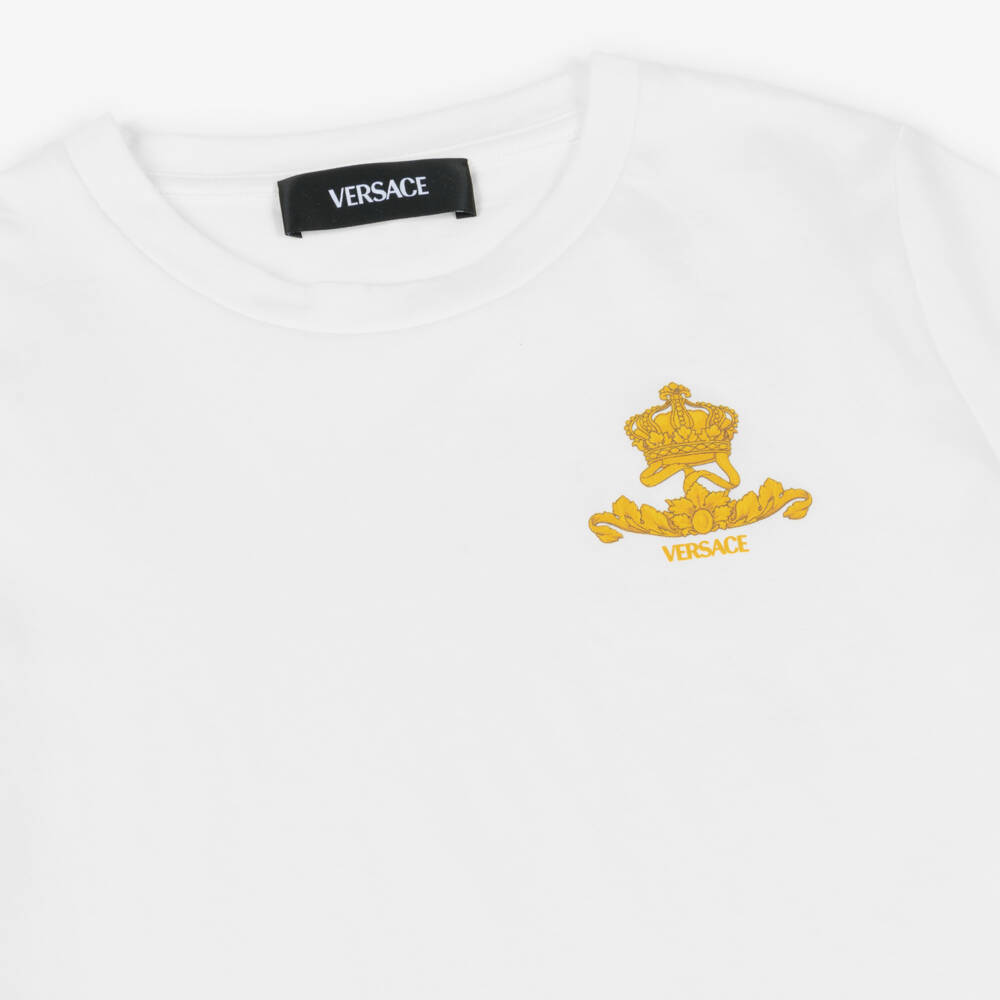 Versace-Boys White Cotton T-Shirt with Logo Crest | Childrensalon Outlet