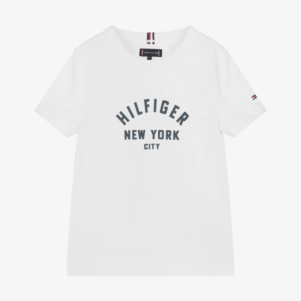Tommy Hilfiger-Boys White Cotton T-Shirt with Navy Blue Curve Logo | Childrensalon Outlet