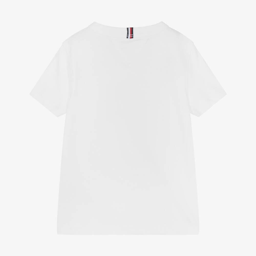 Tommy Hilfiger-Boys White Cotton T-Shirt with Navy Blue Curve Logo | Childrensalon Outlet