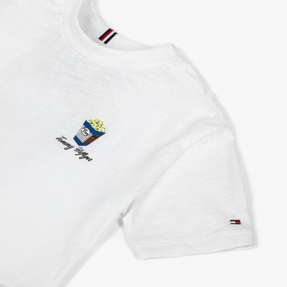 Tommy Hilfiger-Boys White Cotton T-Shirt with Popcorn Motif | Childrensalon Outlet