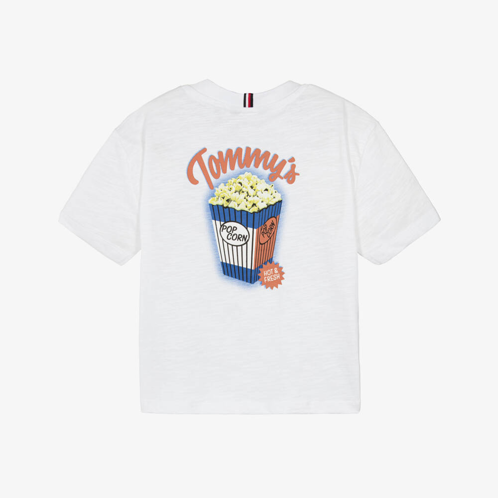 Tommy Hilfiger-Boys White Cotton T-Shirt with Popcorn Motif | Childrensalon Outlet