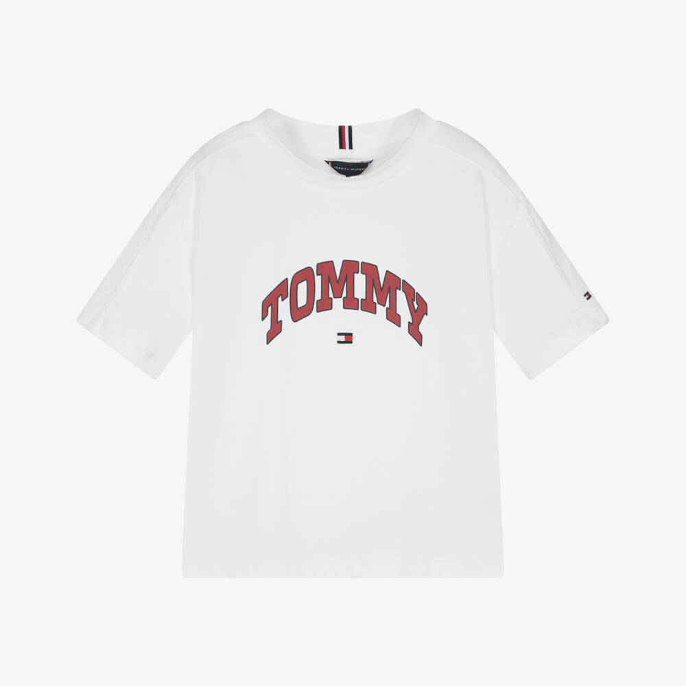 Tommy Hilfiger-Boys White Cotton T-Shirt with Varsity Logo | Childrensalon Outlet