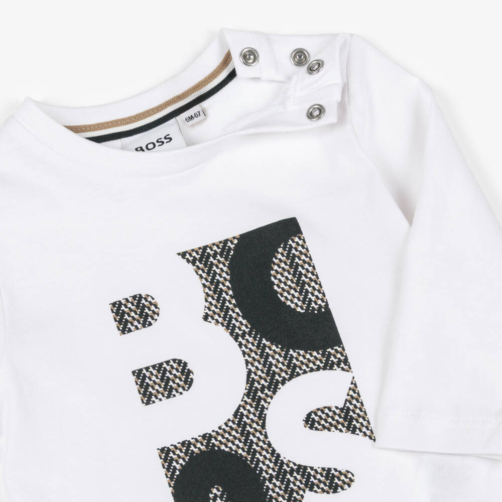 BOSS-Boys White Cotton Top with Logo Print | Childrensalon Outlet