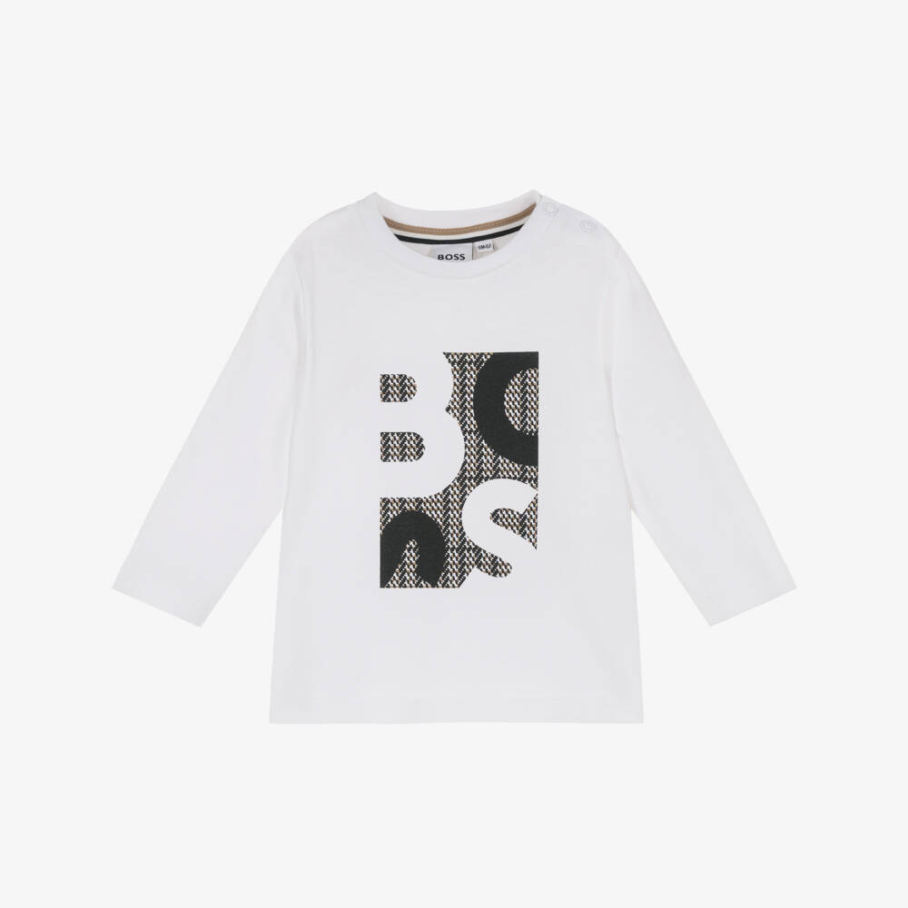 BOSS-Boys White Cotton Top with Logo Print | Childrensalon Outlet