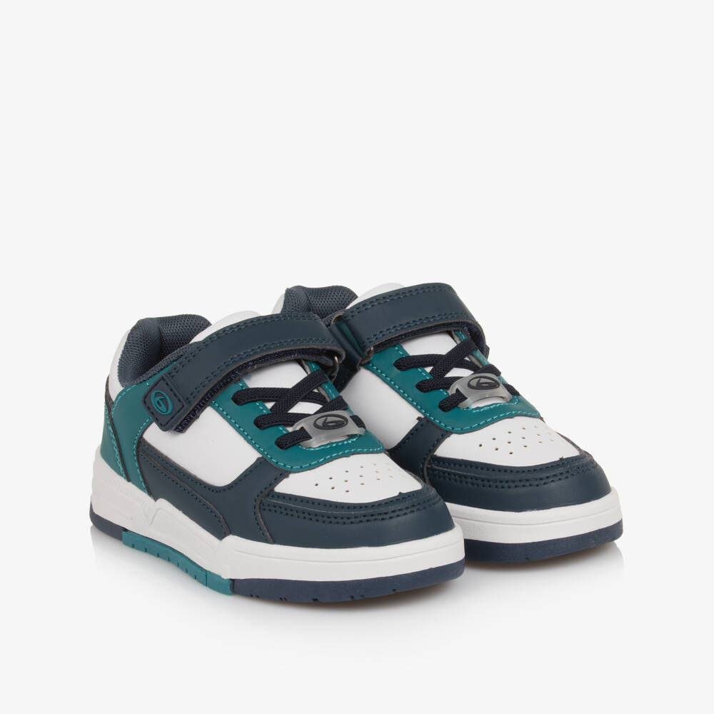 Beppi-Boys White Faux Leather Velcro Trainers with Blue Trims | Childrensalon Outlet