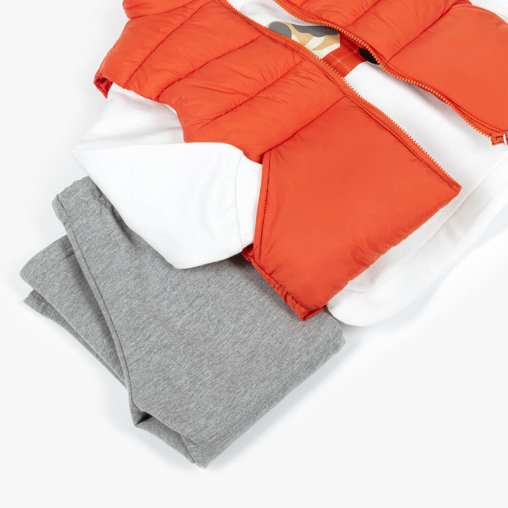 Mayoral-Boys White & Grey Cotton Trouser Set with Orange Gilet | Childrensalon Outlet