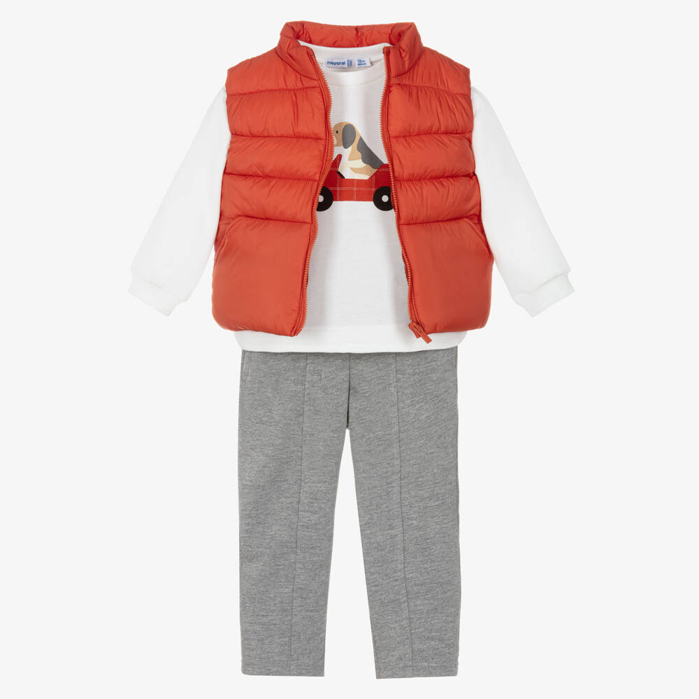 Mayoral-Boys White & Grey Cotton Trouser Set with Orange Gilet | Childrensalon Outlet