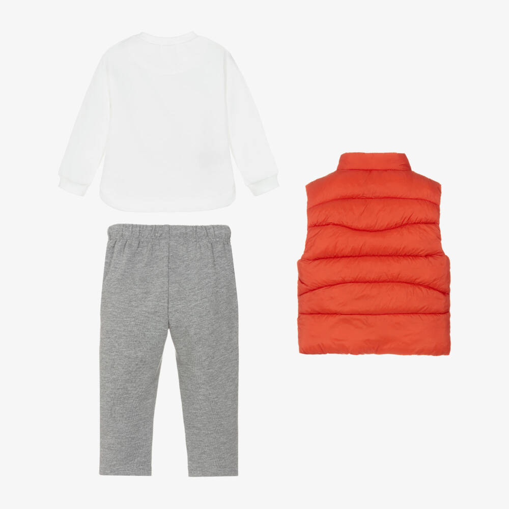 Mayoral-Boys White & Grey Cotton Trouser Set with Orange Gilet | Childrensalon Outlet