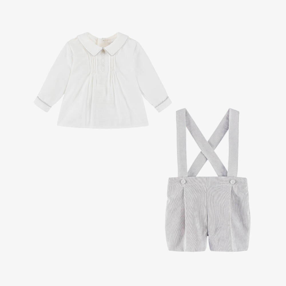 Pretty Originals-Boys White & Grey Needlecord Shorts Set | Childrensalon Outlet