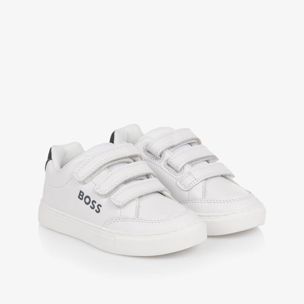 BOSS-Boys White Leather Trainers with Velcro Fastening Straps | Childrensalon Outlet