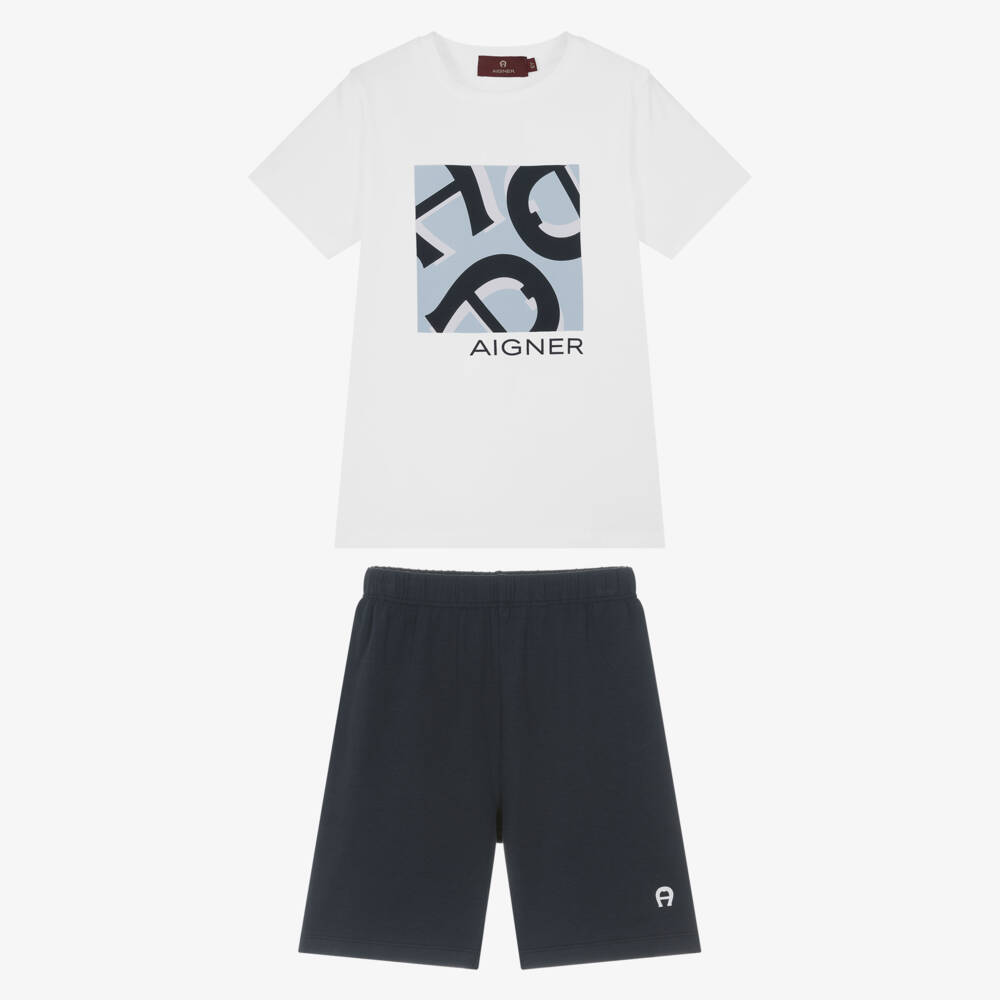 AIGNER-Boys White & Navy Blue Cotton Jersey Pyjamas | Childrensalon Outlet