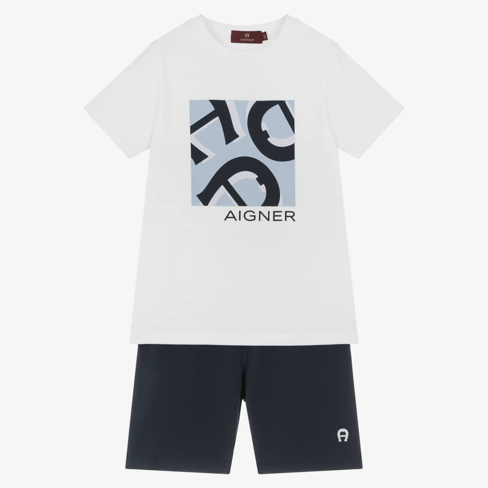 AIGNER-Boys White & Navy Blue Cotton Jersey Pyjamas | Childrensalon Outlet
