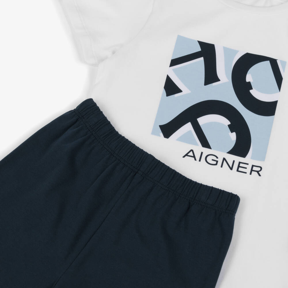 AIGNER-Boys White & Navy Blue Cotton Jersey Pyjamas | Childrensalon Outlet
