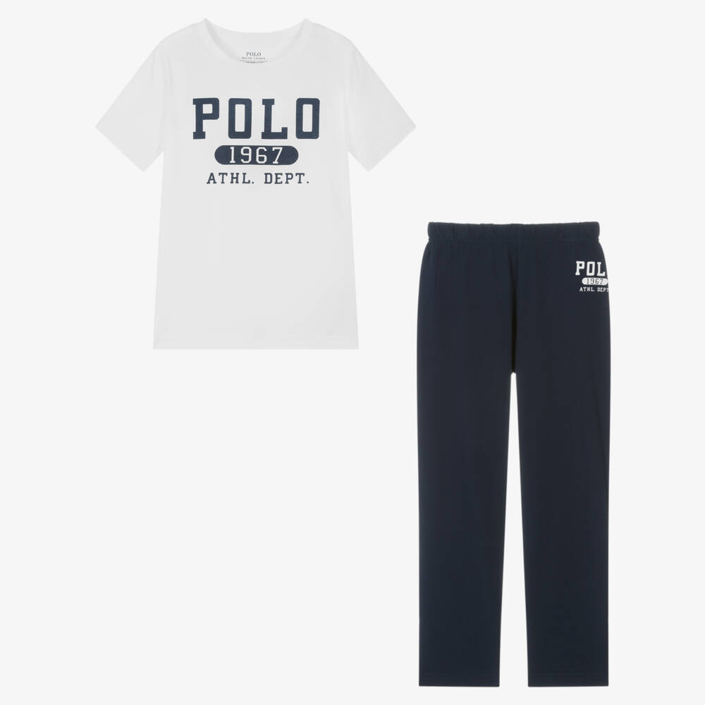 Ralph Lauren-Boys White & Navy Blue Cotton Pyjamas | Childrensalon Outlet
