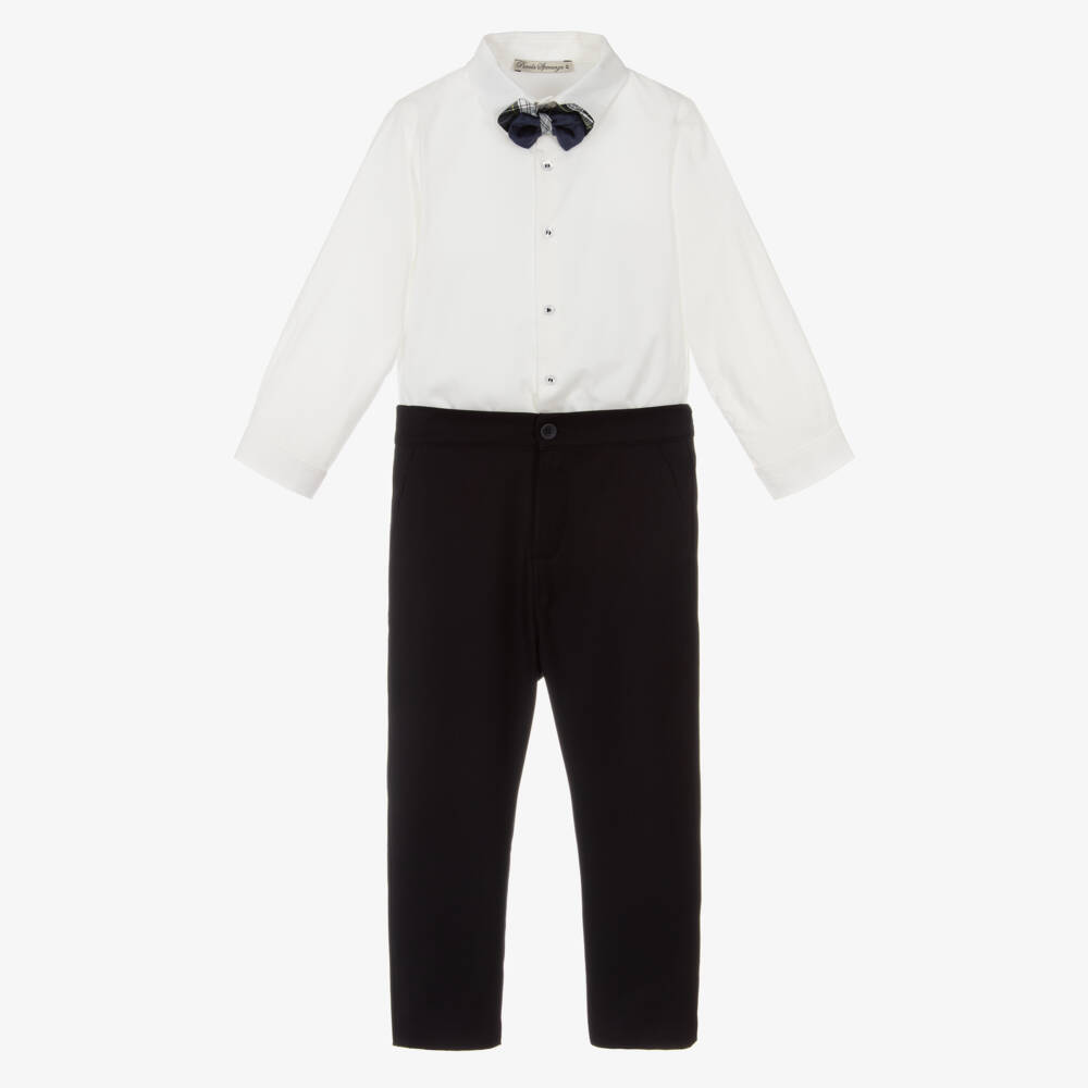 Piccola Speranza-Boys White & Navy Blue Trouser Set with Tartan Bow Tie | Childrensalon Outlet