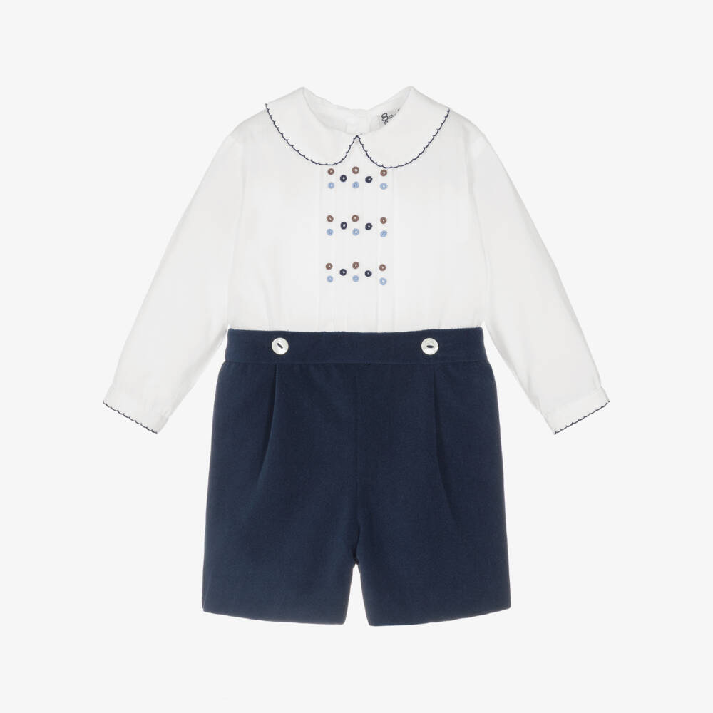 Sarah Louise-Boys White & Navy Blue Velvet Buster Suit | Childrensalon Outlet