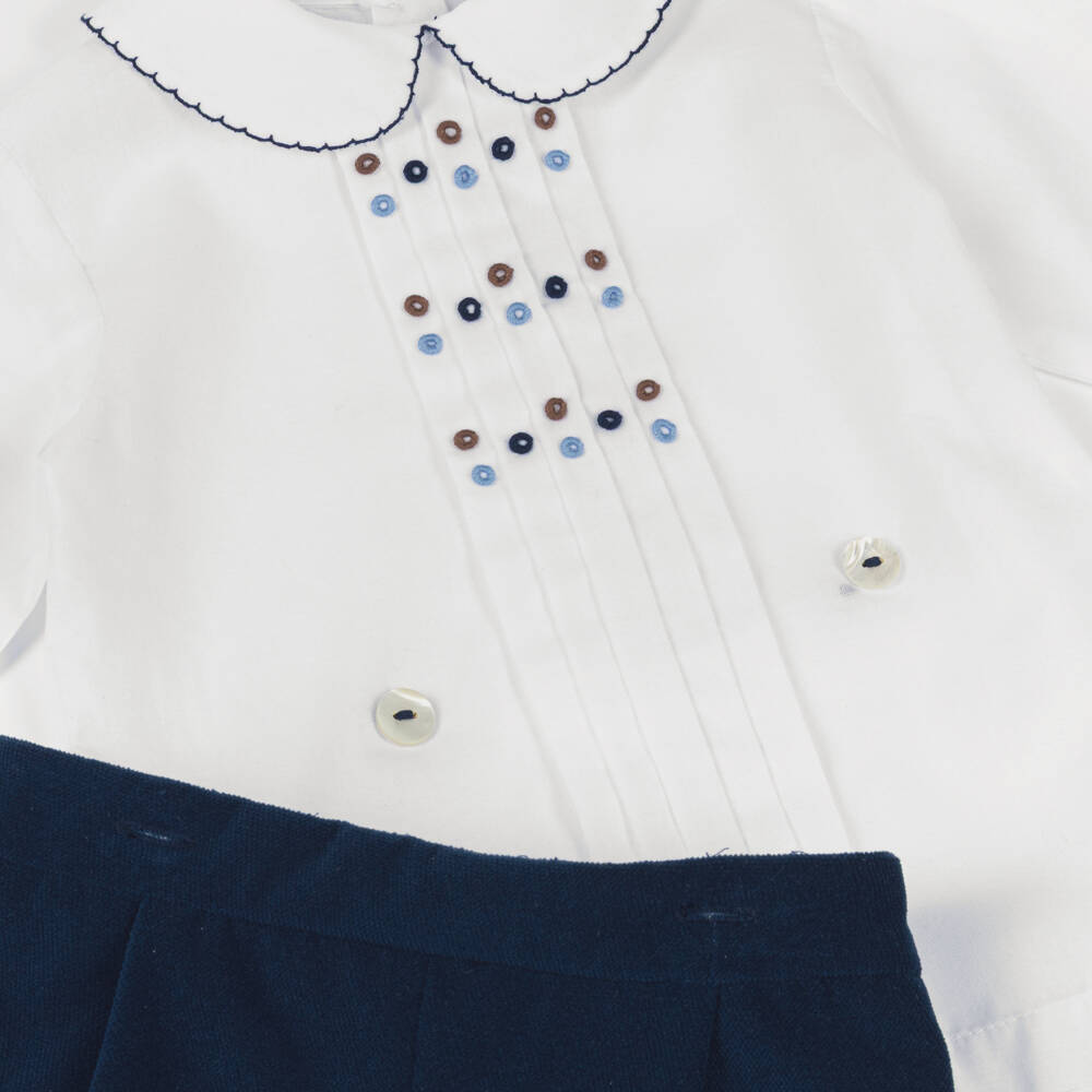 Sarah Louise-Boys White & Navy Blue Velvet Buster Suit | Childrensalon Outlet