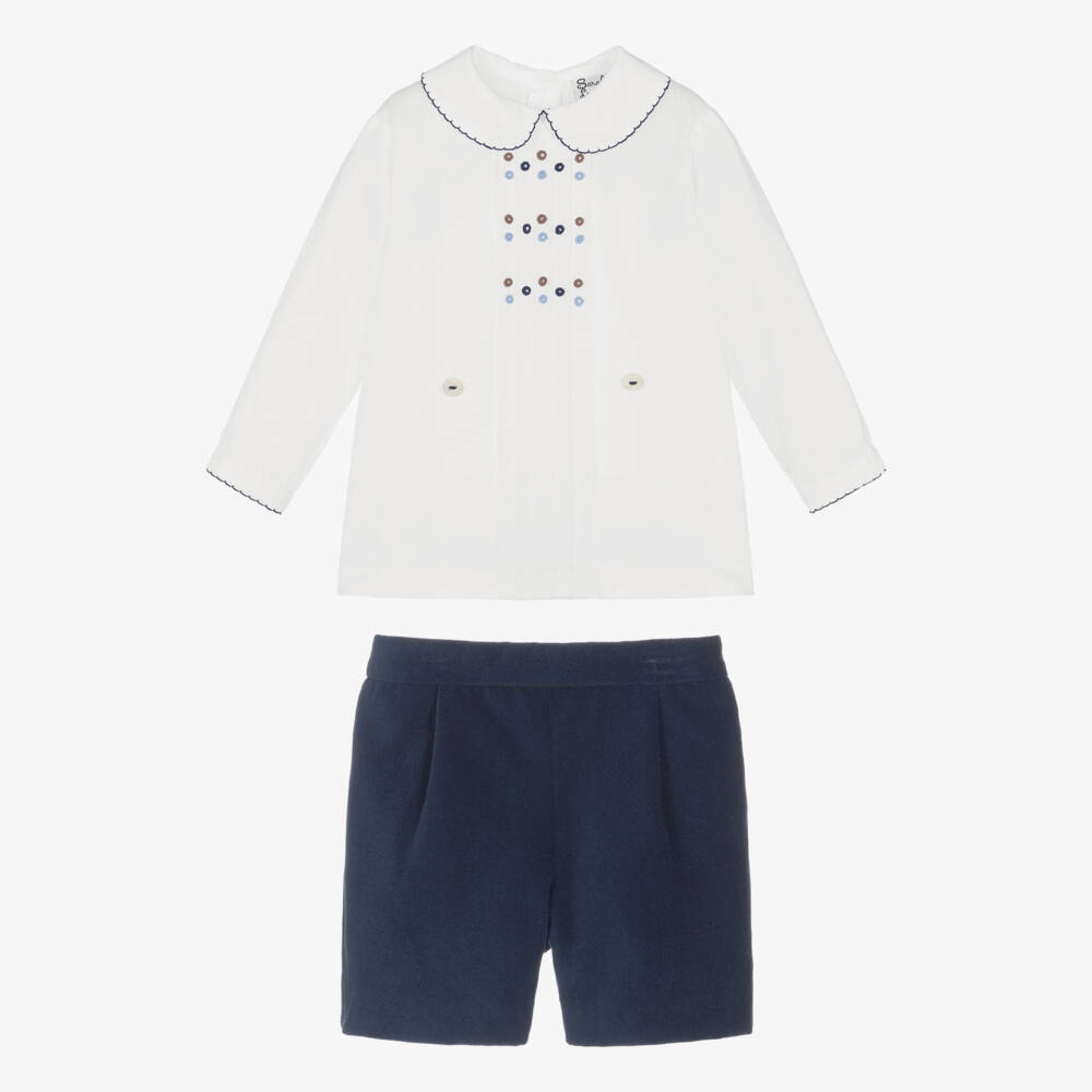 Sarah Louise-Boys White & Navy Blue Velvet Buster Suit | Childrensalon Outlet