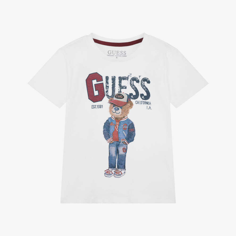 Guess-Boys White Organic Cotton Teddy Bear & Logo T-Shirt | Childrensalon Outlet