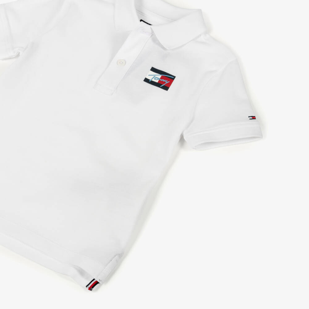 Tommy Hilfiger-Boys White Piqué Polo Shirt with Signature Logo | Childrensalon Outlet