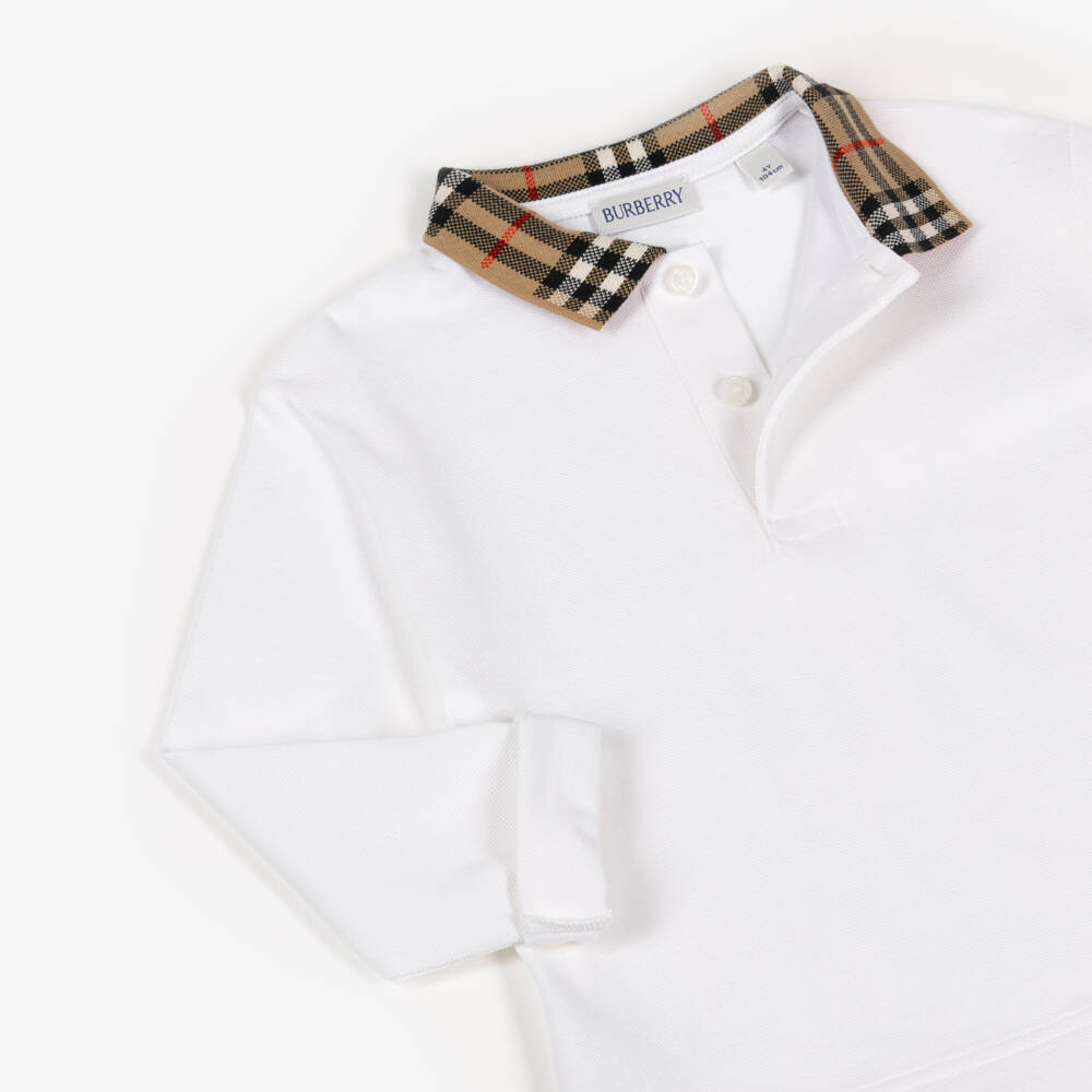 Burberry-Boys White Polo Shirt with Burberry Check Collar | Childrensalon Outlet