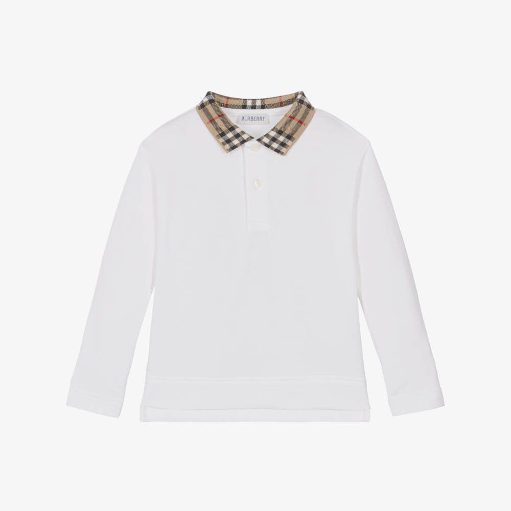 Burberry-Boys White Polo Shirt with Burberry Check Collar | Childrensalon Outlet